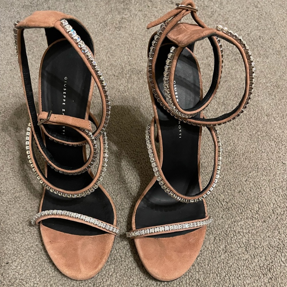Giuseppe Zanotti Blush Suede Crystal Wrap-Heel Sandals